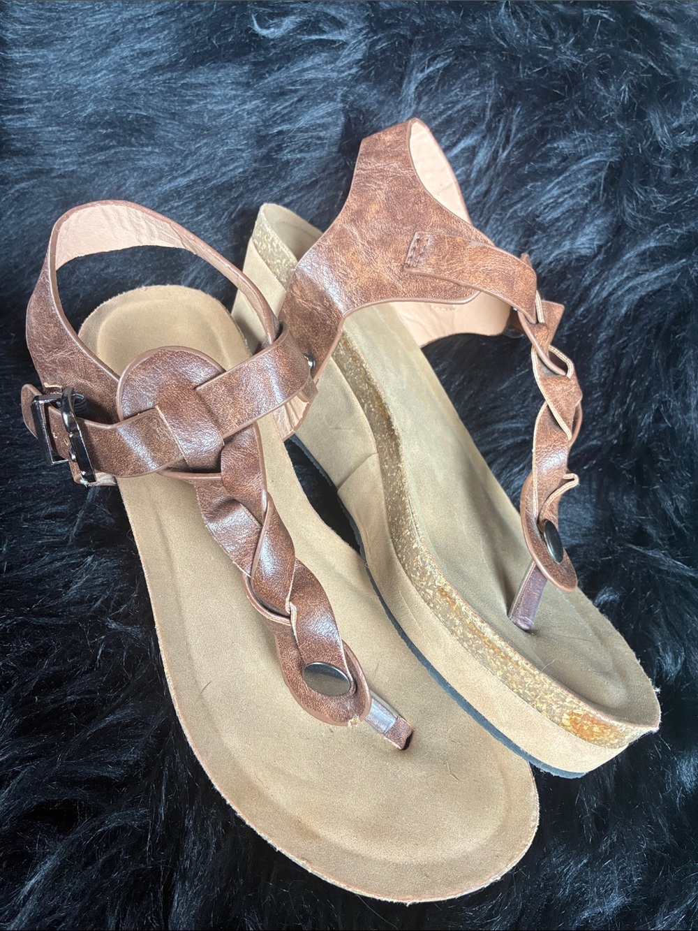 Women’s Brown Braided Thong Sandals - Casual Wedge